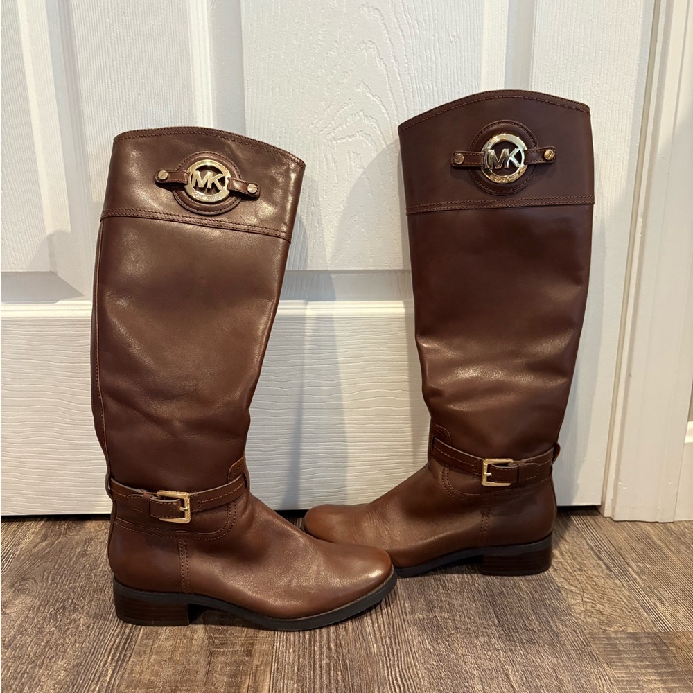 Michael Kors Chocolate Leather Boots with Gold Accents